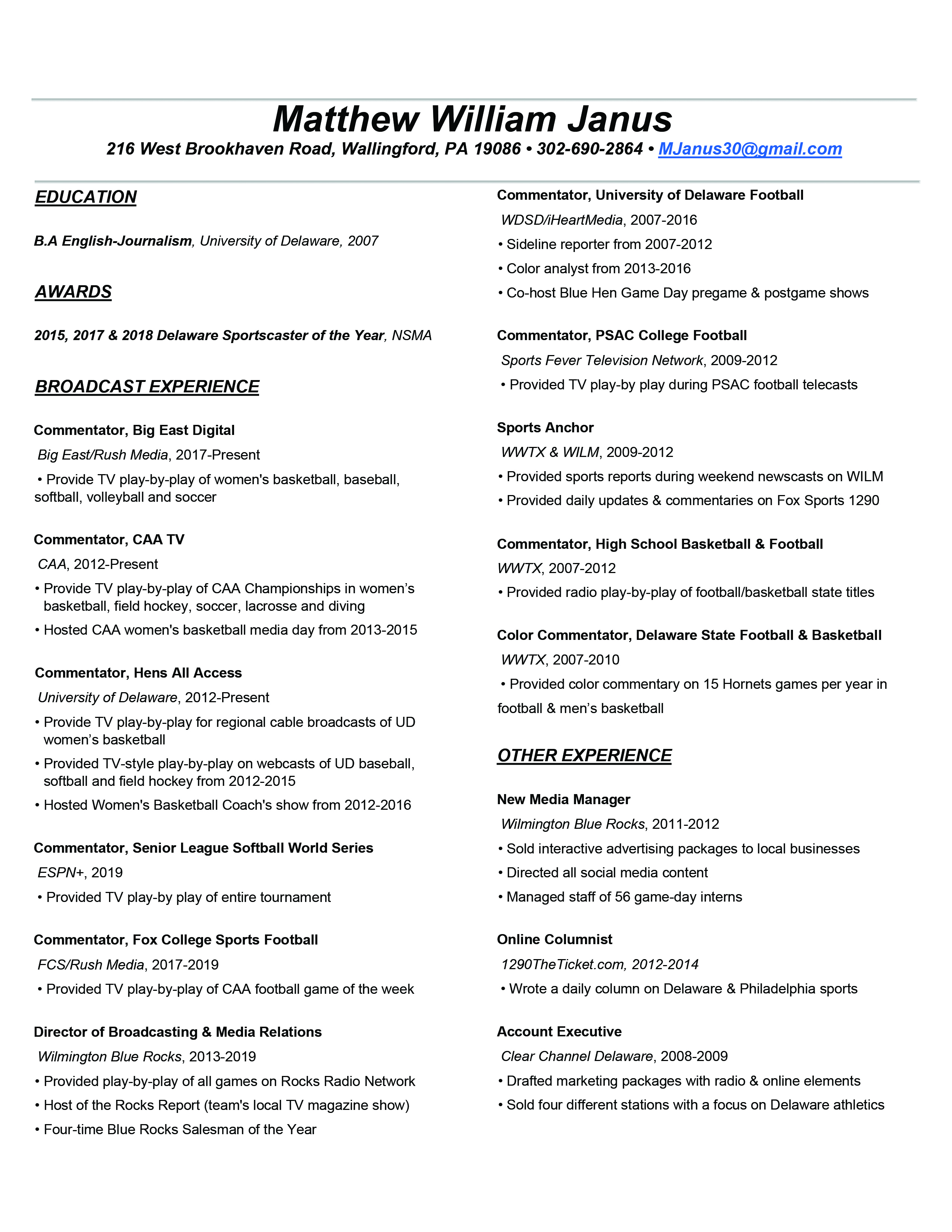 Matt Janus Broadcast Resume